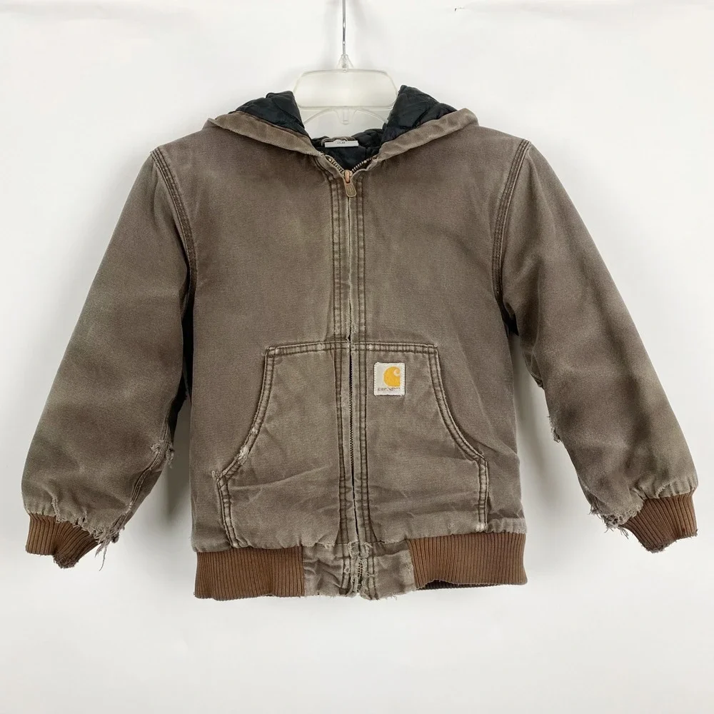 Carhartt Active Duck Canvas Quilted Lined Hooded Jacket Kids S 7-8 Brown